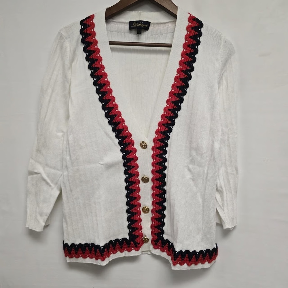 Abrand White Cardigan with Red and Black Trim